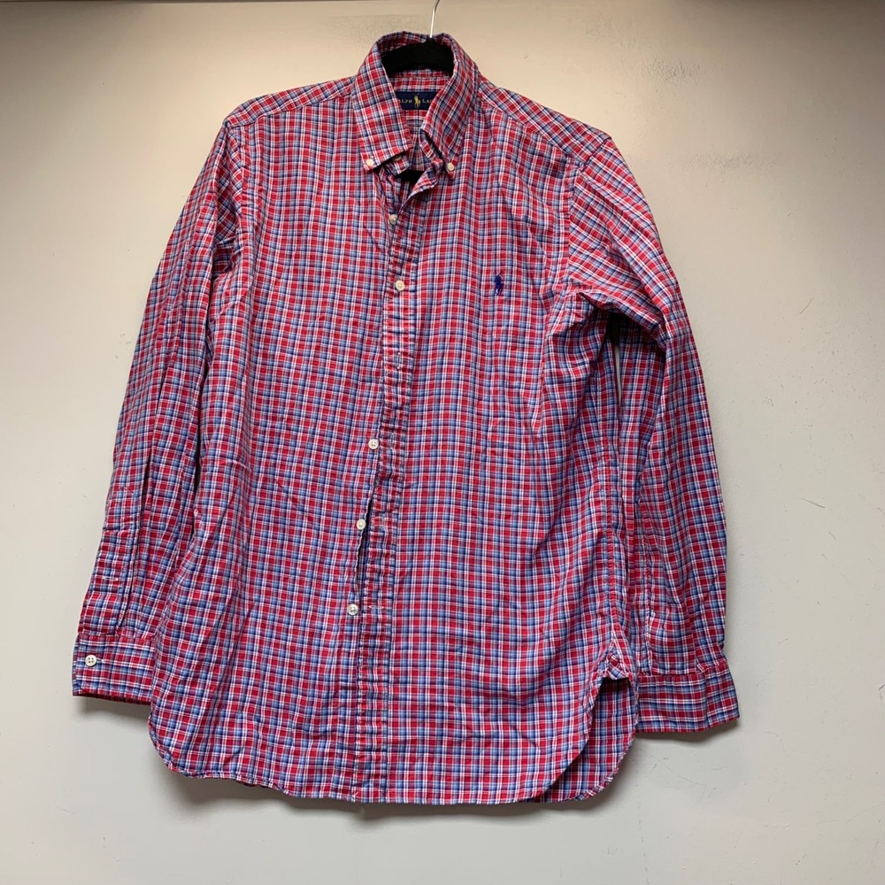 Ralph Lauren Plaid Button Down Mens Small Red Blue Excellent Cotton Shirt 14773